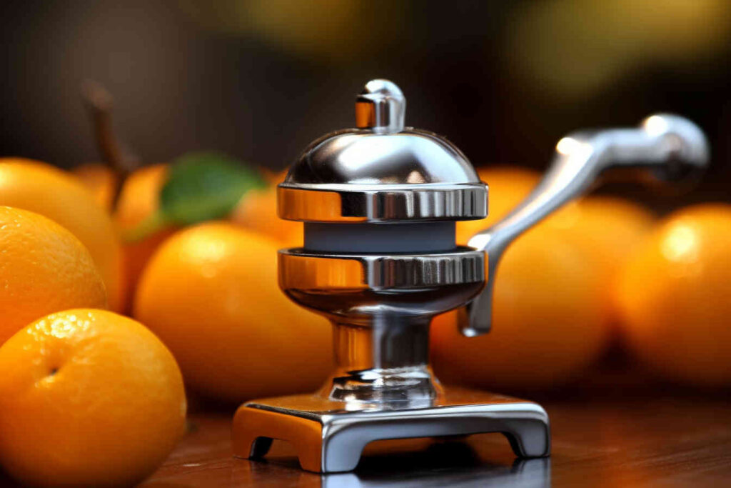 un presse agrume manuel avec des orange sur une table