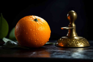 une orange sur une table avec un presse agrume manuel.