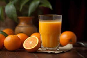 un jus d'orange dans un verre posé sur un serviette en papier avec des oranges coupées autour.