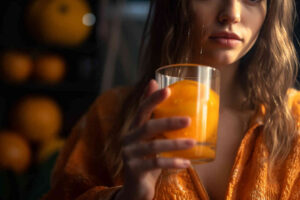 Une femme buvant un jus d'orange le matin en peignoir.