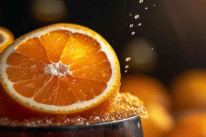 Une tranche d'orange dans un verre de jus d'orange.