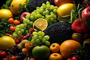 un étalage de fruits avec des tomates, des citrons, du raisins, ...