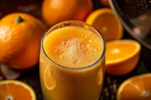 Un jus d'orange pressé dans un verre avec des orange autour.